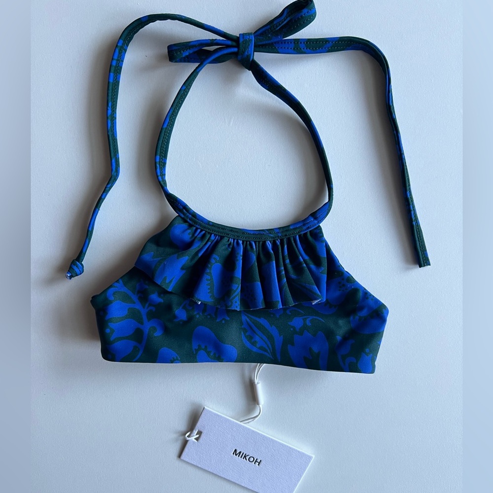 MIKOH MINI Wikiwiki Ruffle Detail Front Halter Tie Top in Luau Iris NWT